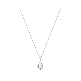 14K White gold necklace with 0.09 carat White Diamonds and 0.2 carat Natural Pearls