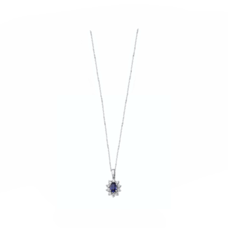 14K White gold necklace with 0.48 carat Blue Sapphire and 0.11 carat White Diamonds