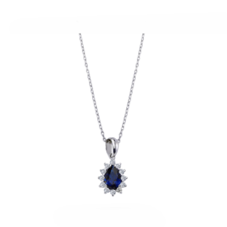 14K White gold necklace with 0.5 carat Blue Sapphire and 0.14 carat White Diamonds